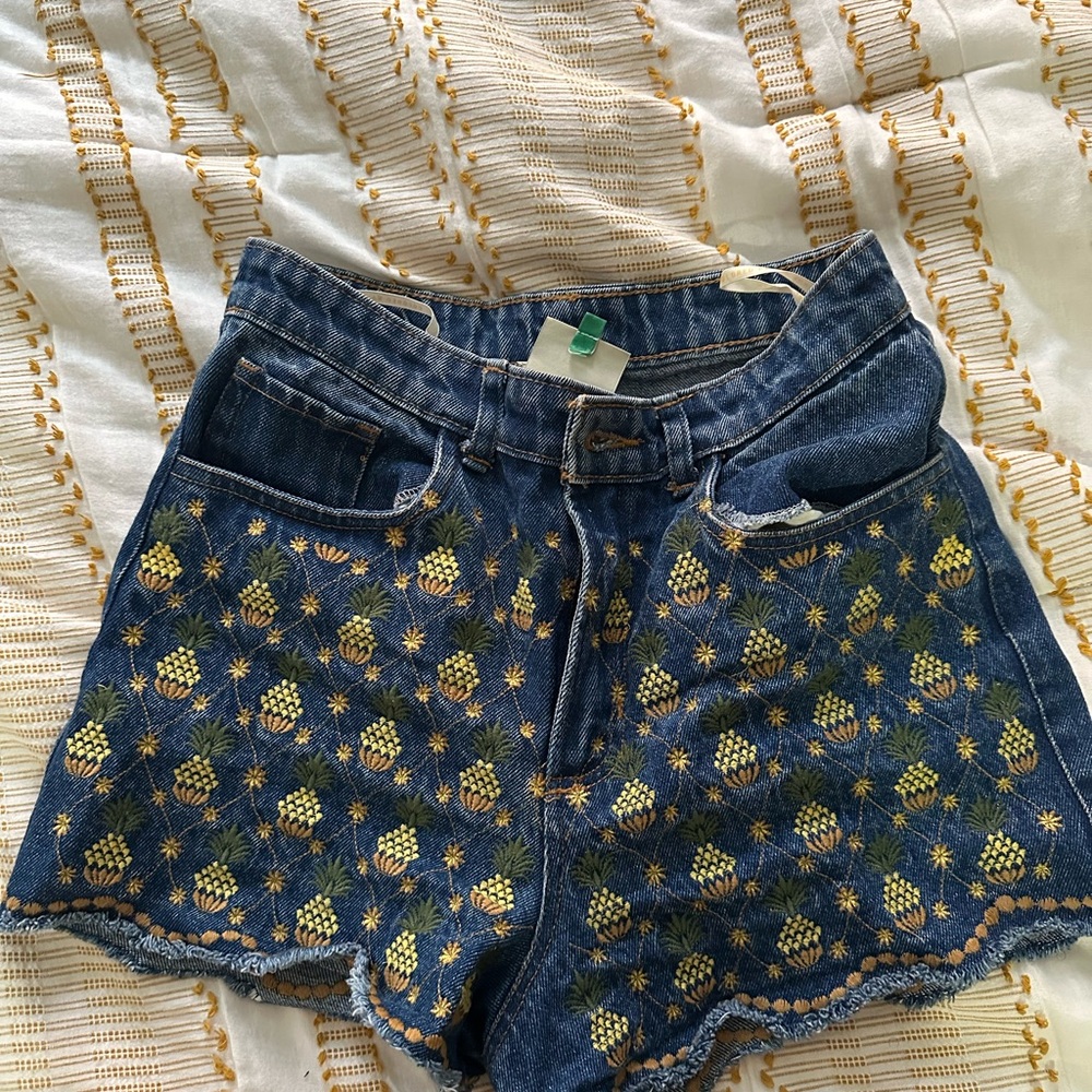 FARM Rio Blue Jean Shorts with Yellow Pineapple Embroidery